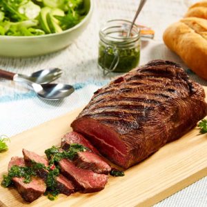 Seared Flat Iron Steak with Chimichurri Sauce & Avocado Cucumber Salad